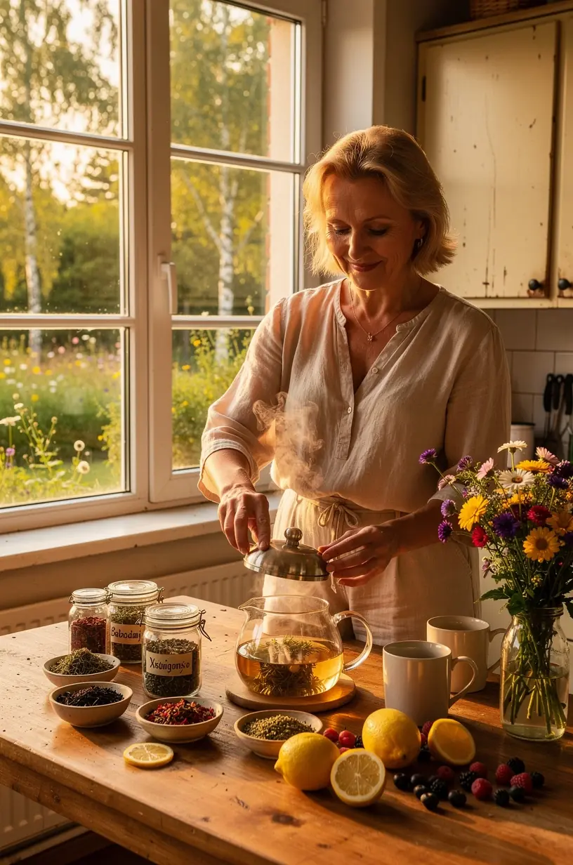 Šviežios žolelės ir džiovintos arbatos lapeliai išdėstyti šalia arbatinuko, pabrėžiantys natūralių ingredientų naudą.